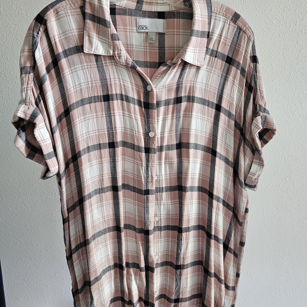 Pink and Black Plaid Button-Up Shirt